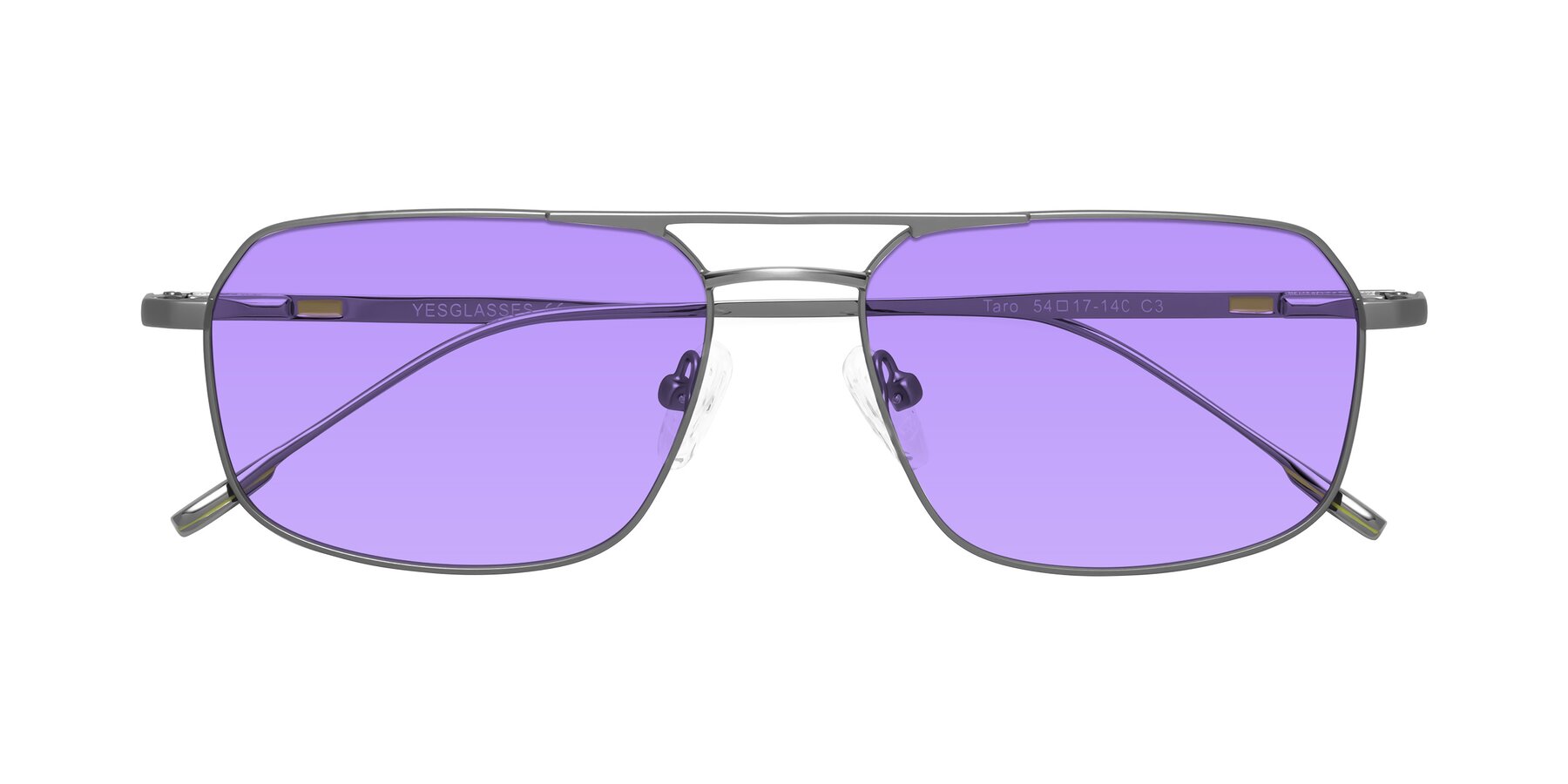 Folded Front of Taro in Gunmetal with Medium Purple Tinted Lenses