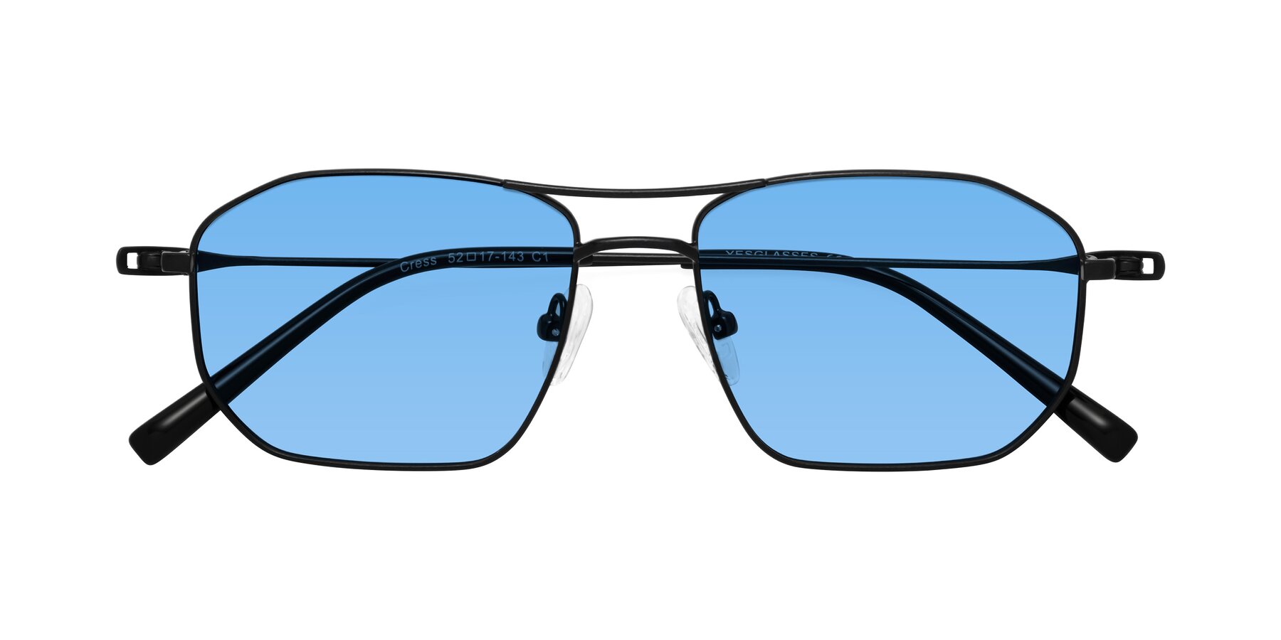 Folded Front of Cress in Black with Medium Blue Tinted Lenses