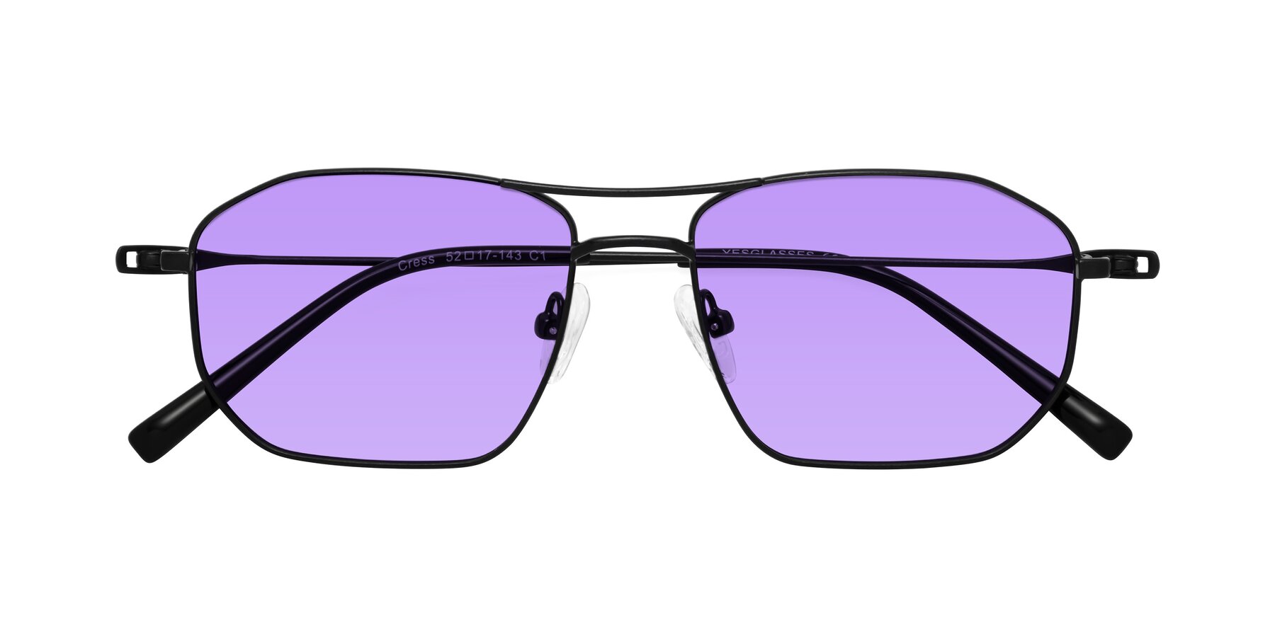 Folded Front of Cress in Black with Medium Purple Tinted Lenses