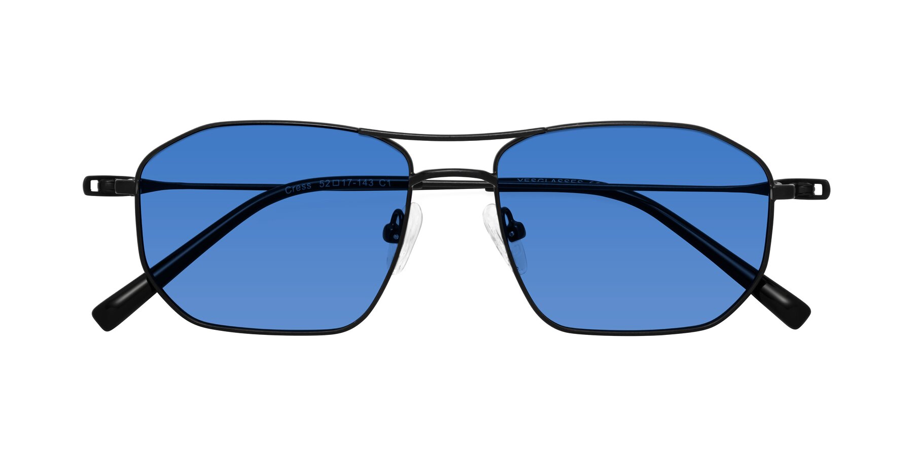 Folded Front of Cress in Black with Blue Tinted Lenses