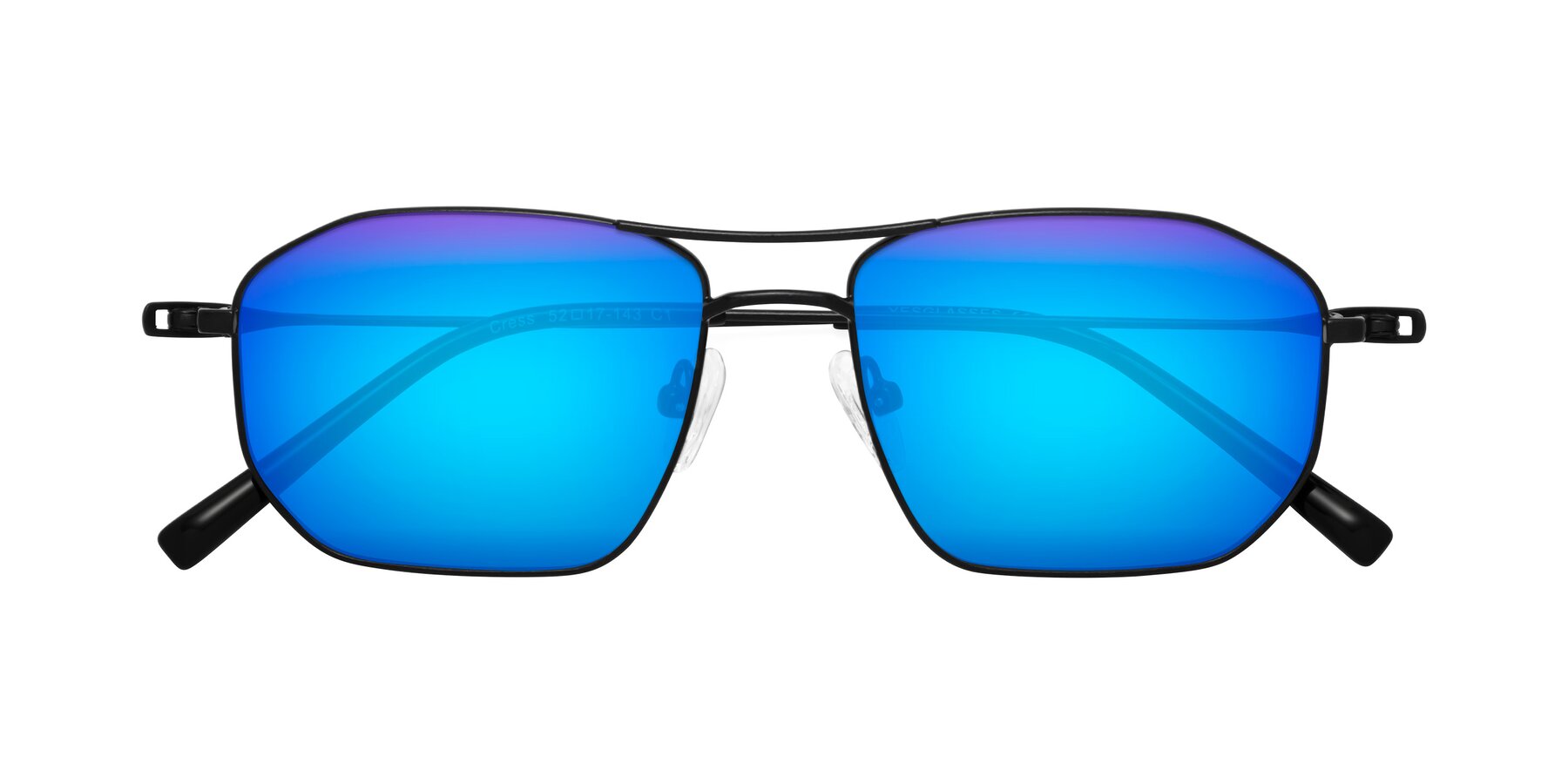 Folded Front of Cress in Black with Blue Mirrored Lenses