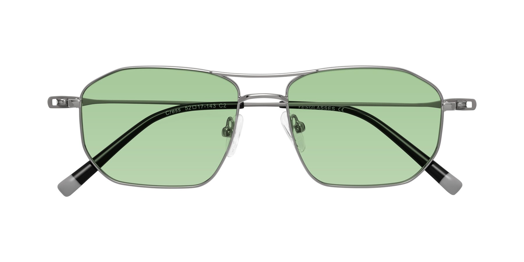 Folded Front of Cress in Silver-Gray with Medium Green Tinted Lenses