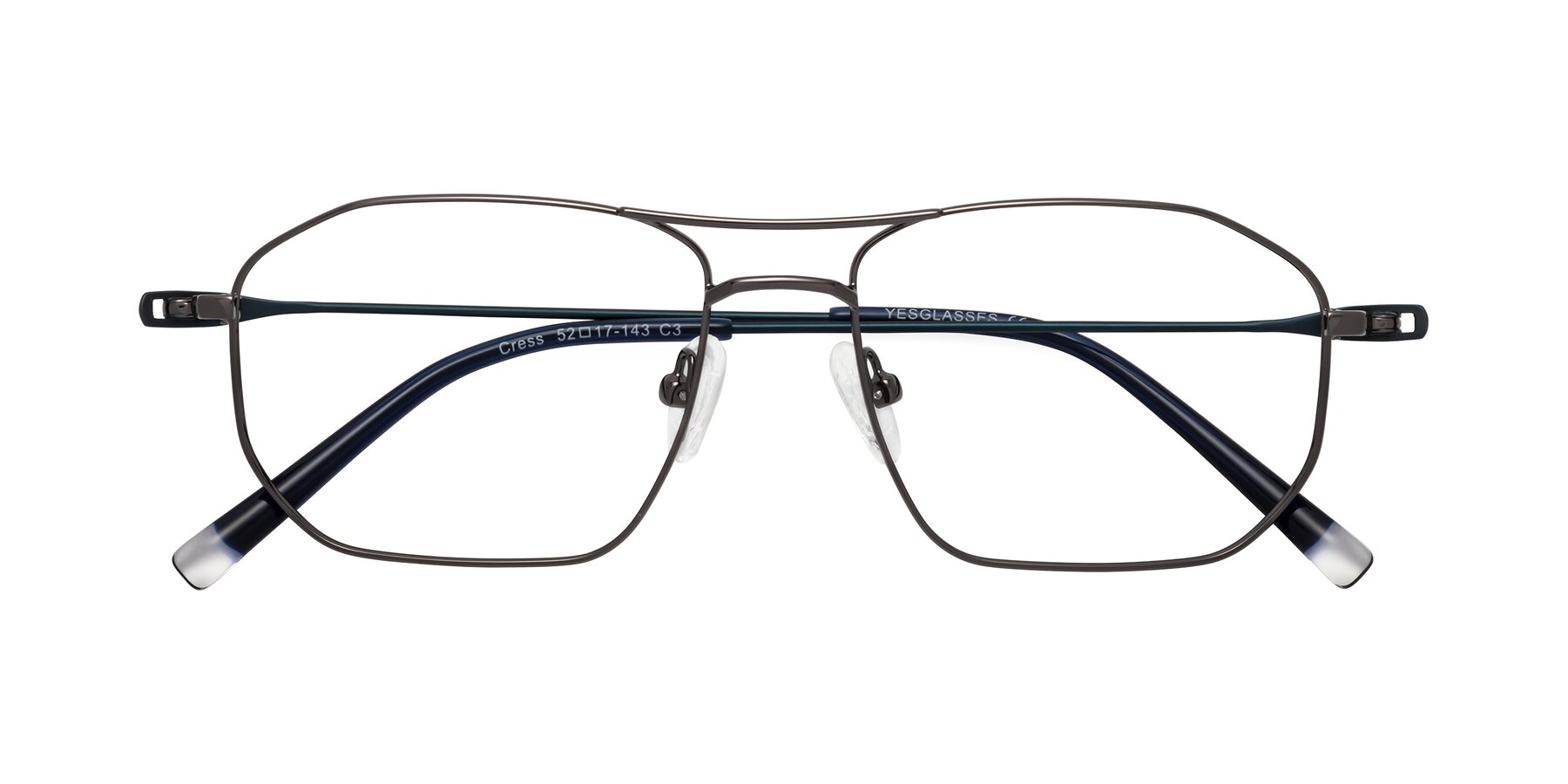 Folded Front of Cress in Gunmetal-Blue with Clear Eyeglass Lenses