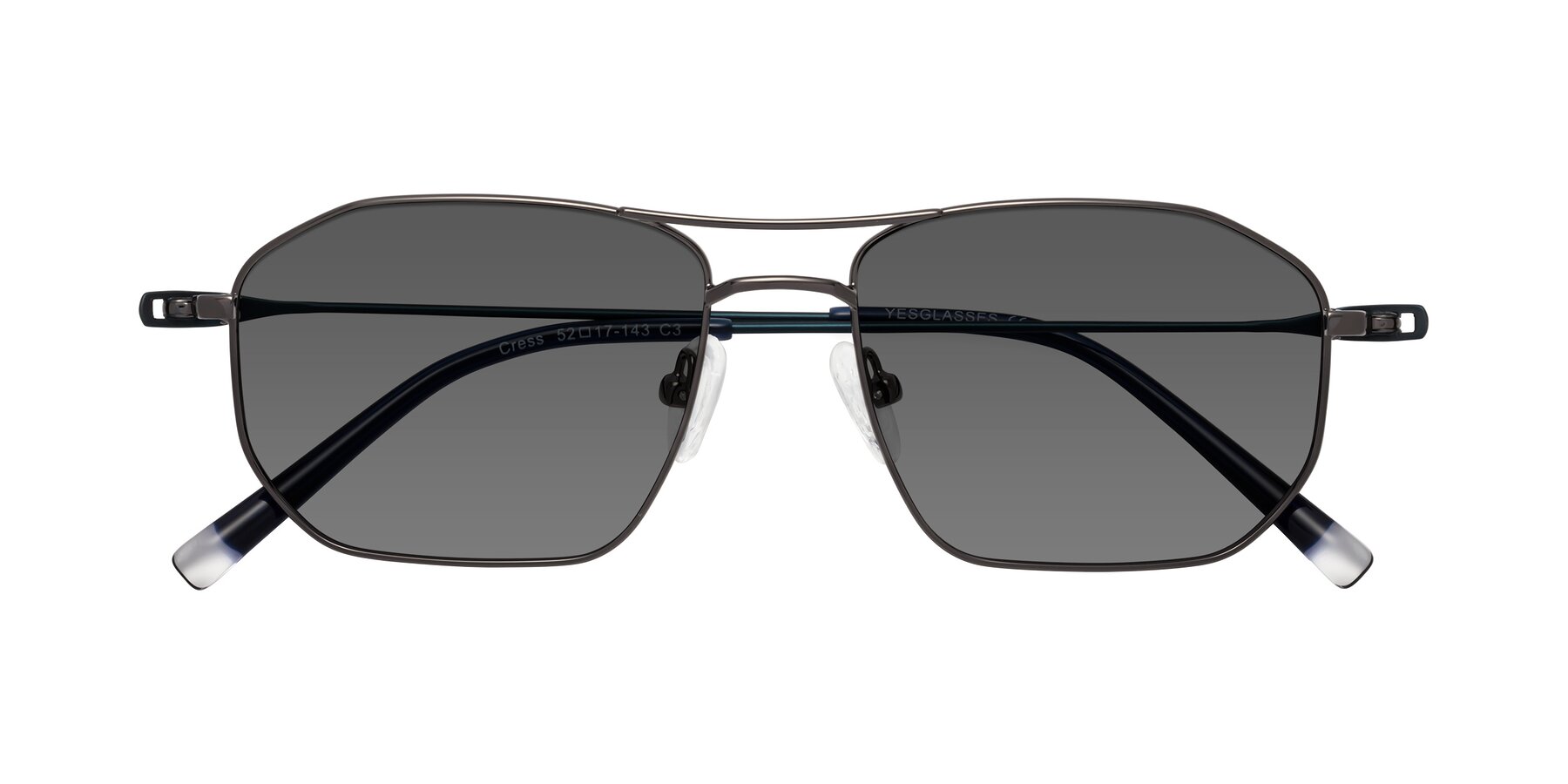 Folded Front of Cress in Gunmetal-Blue with Medium Gray Tinted Lenses