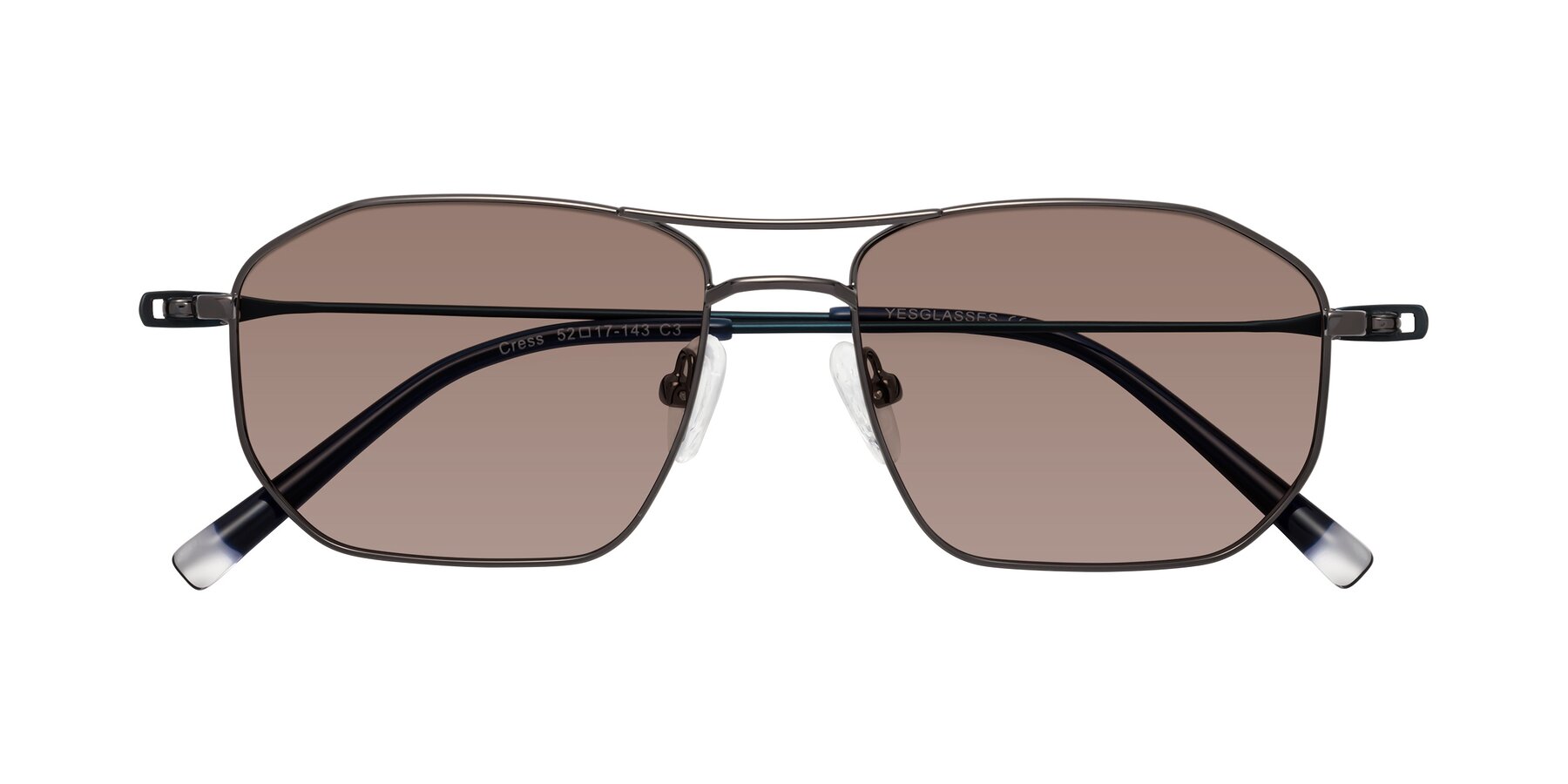 Folded Front of Cress in Gunmetal-Blue with Medium Brown Tinted Lenses