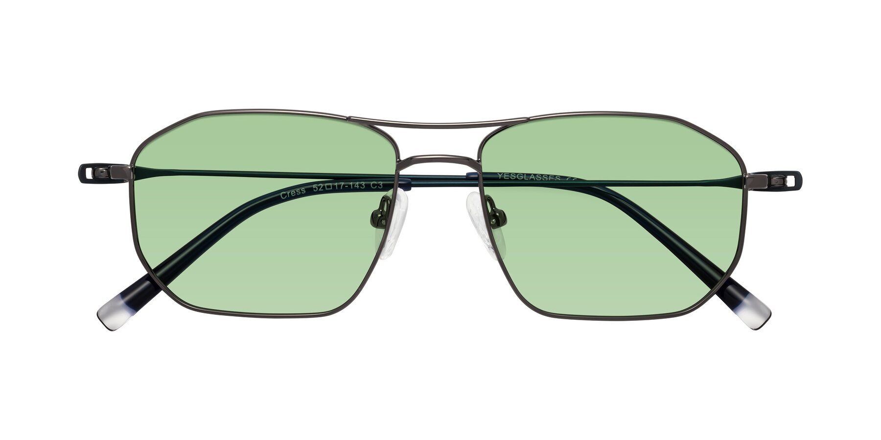 Folded Front of Cress in Gunmetal-Blue with Medium Green Tinted Lenses