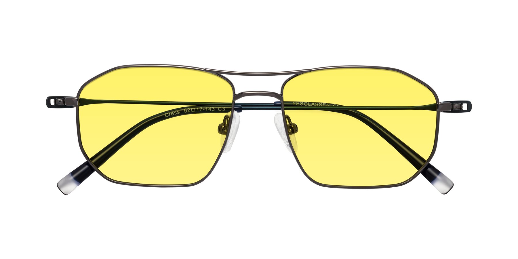 Folded Front of Cress in Gunmetal-Blue with Medium Yellow Tinted Lenses