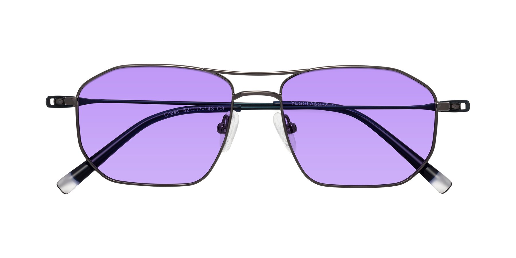 Folded Front of Cress in Gunmetal-Blue with Medium Purple Tinted Lenses