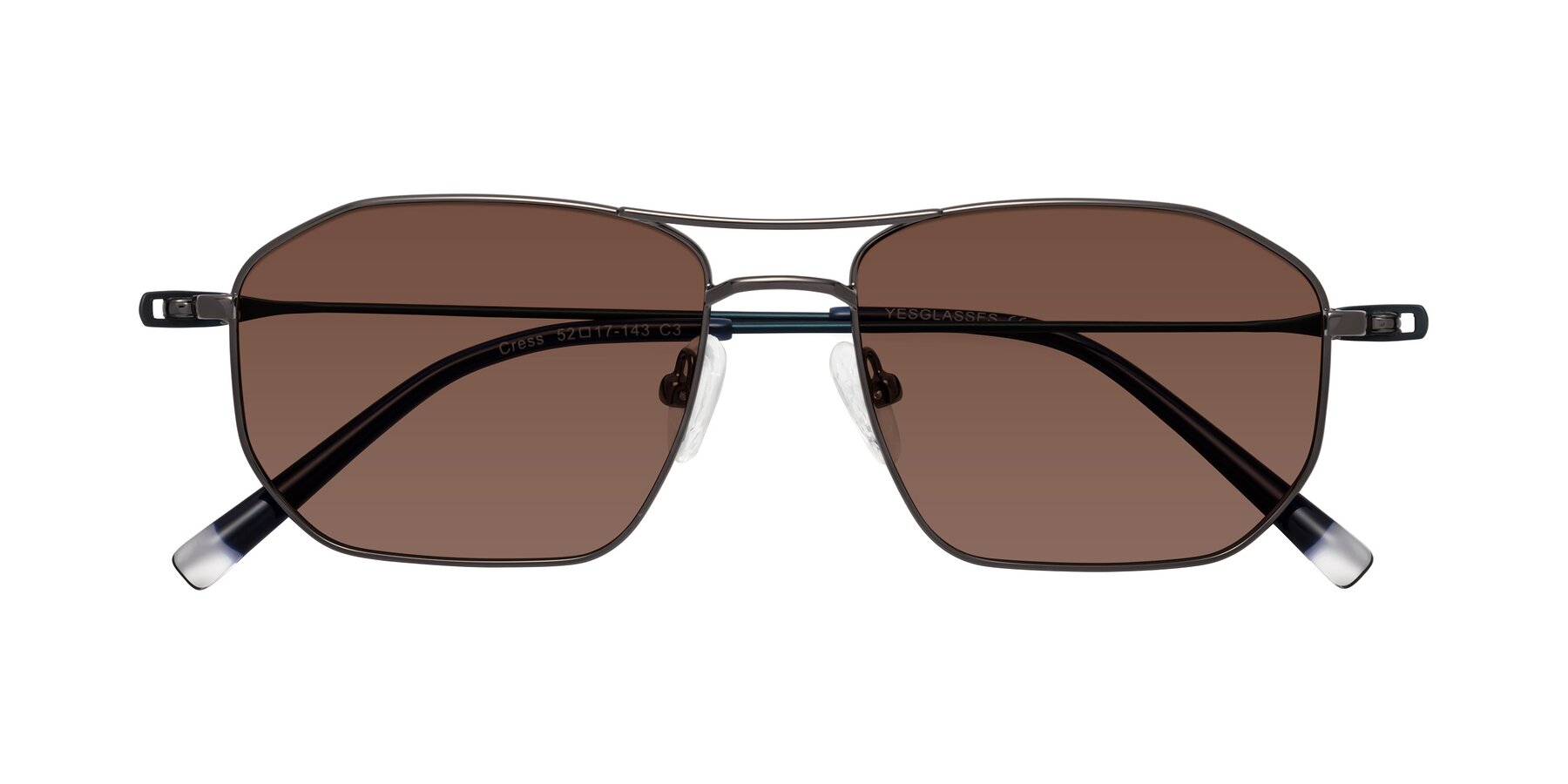 Folded Front of Cress in Gunmetal-Blue with Brown Tinted Lenses