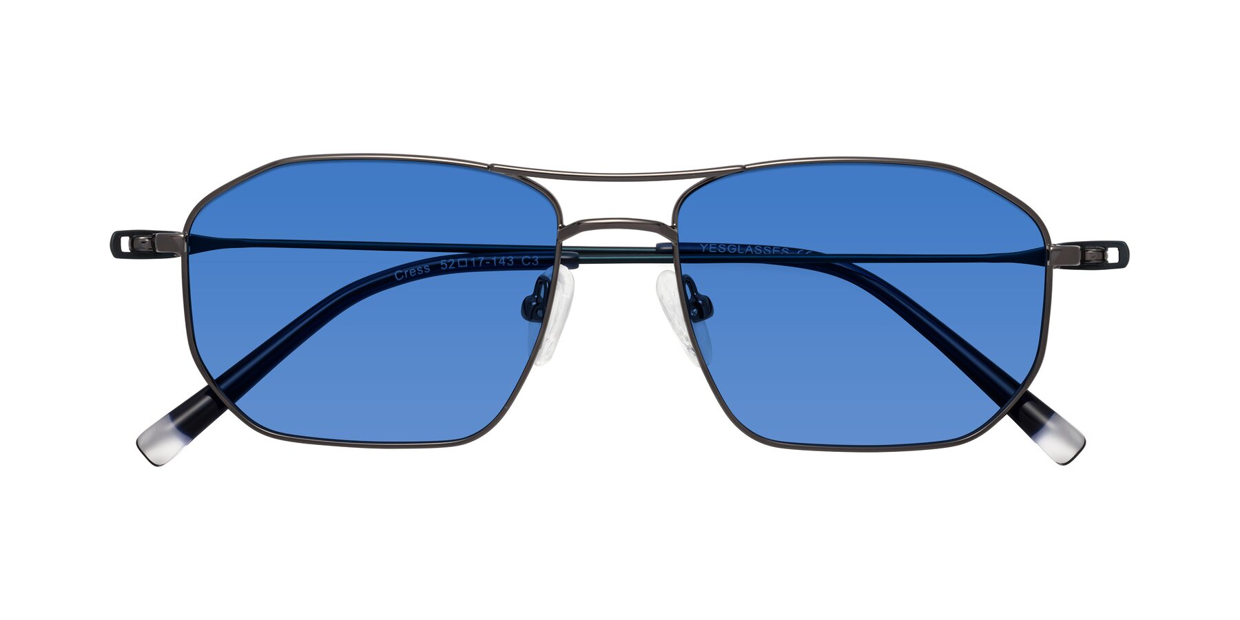 Folded Front of Cress in Gunmetal-Blue with Blue Tinted Lenses