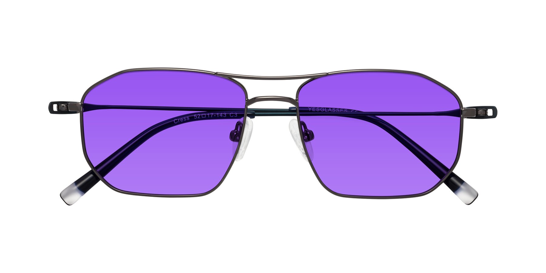 Folded Front of Cress in Gunmetal-Blue with Purple Tinted Lenses