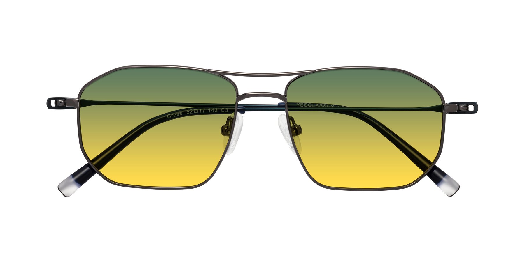 Folded Front of Cress in Gunmetal-Blue with Green / Yellow Gradient Lenses