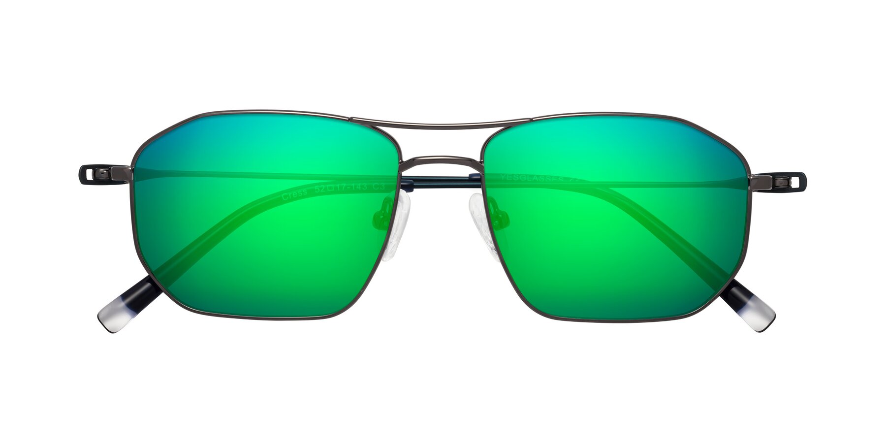 Folded Front of Cress in Gunmetal-Blue with Green Mirrored Lenses