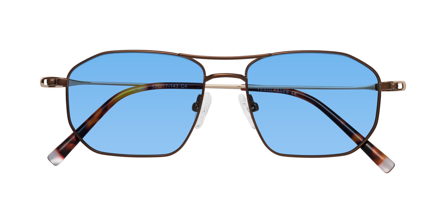 Folded Front of Cress in Brown-Gold with Medium Blue Tinted Lenses