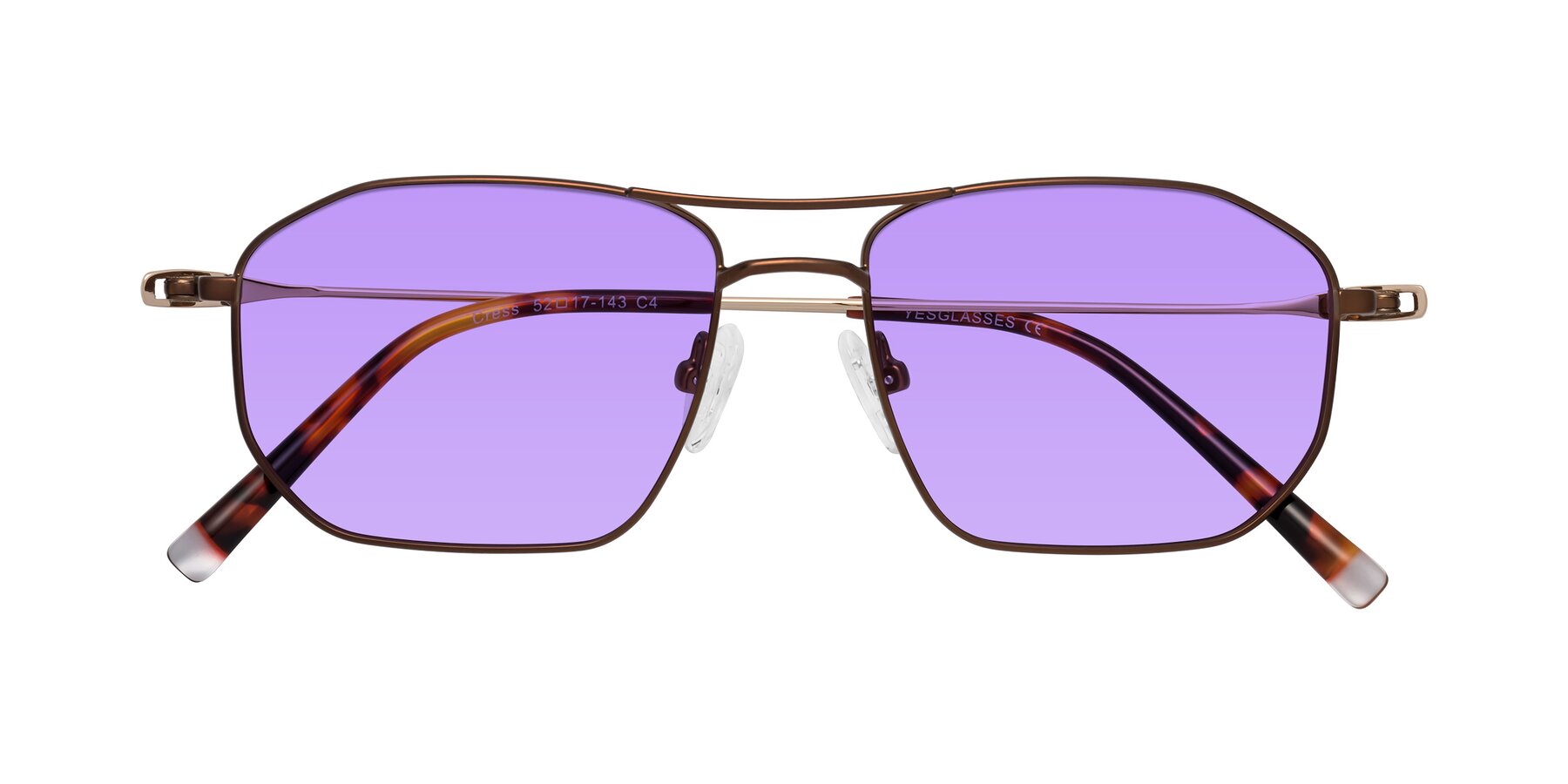 Folded Front of Cress in Brown-Gold with Medium Purple Tinted Lenses