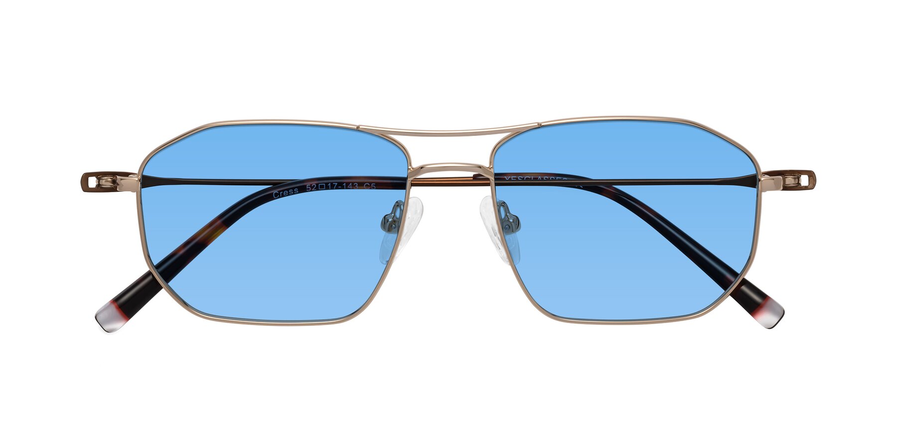 Folded Front of Cress in Gold-Brown with Medium Blue Tinted Lenses