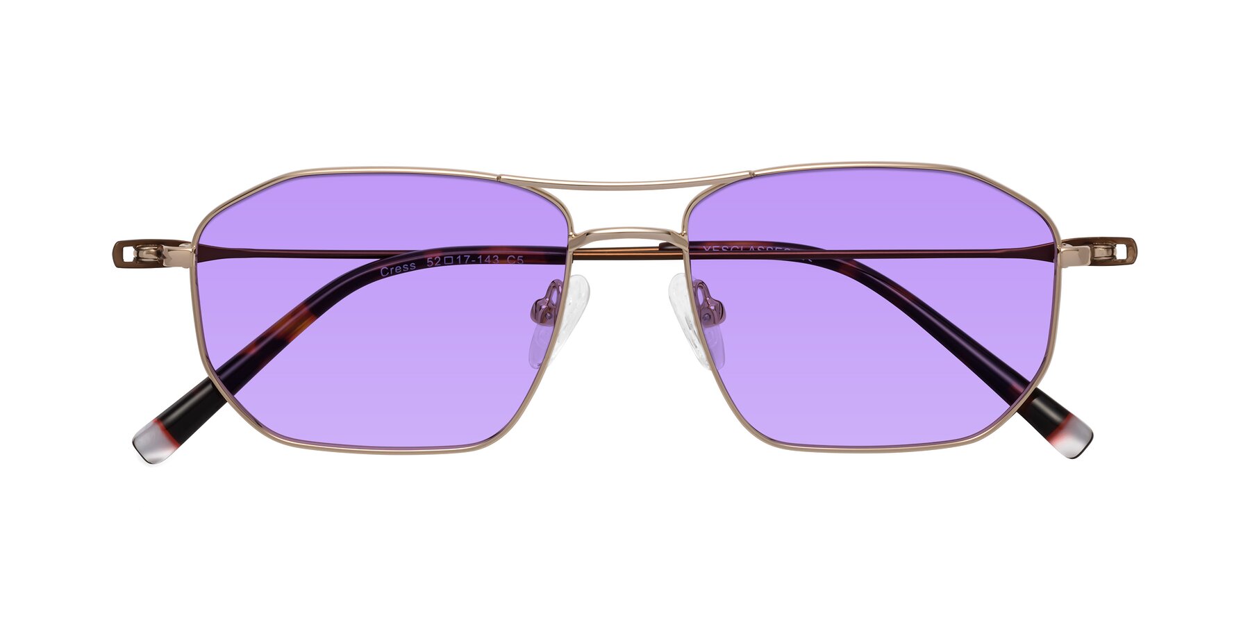 Folded Front of Cress in Gold-Brown with Medium Purple Tinted Lenses