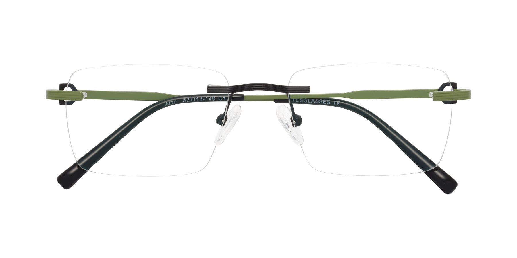 Folded Front of Aloe in Black-Green with Clear Eyeglass Lenses