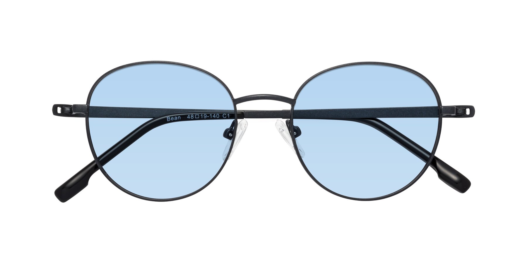 Folded Front of Bean in Matte Black with Light Blue Tinted Lenses