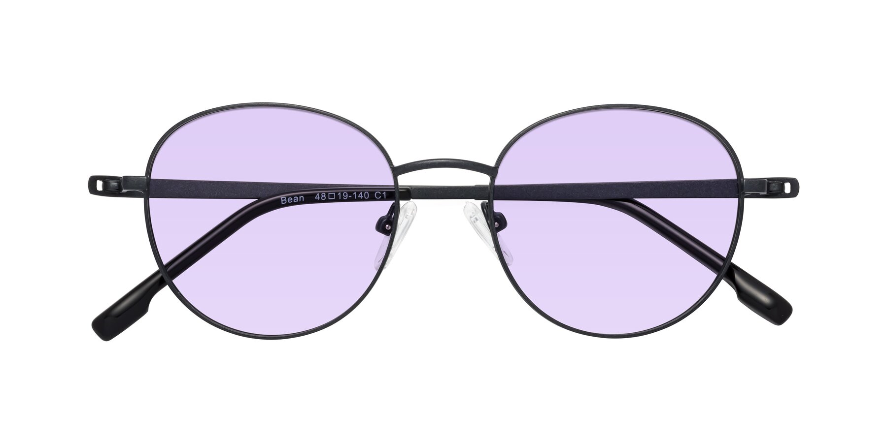 Folded Front of Bean in Matte Black with Light Purple Tinted Lenses