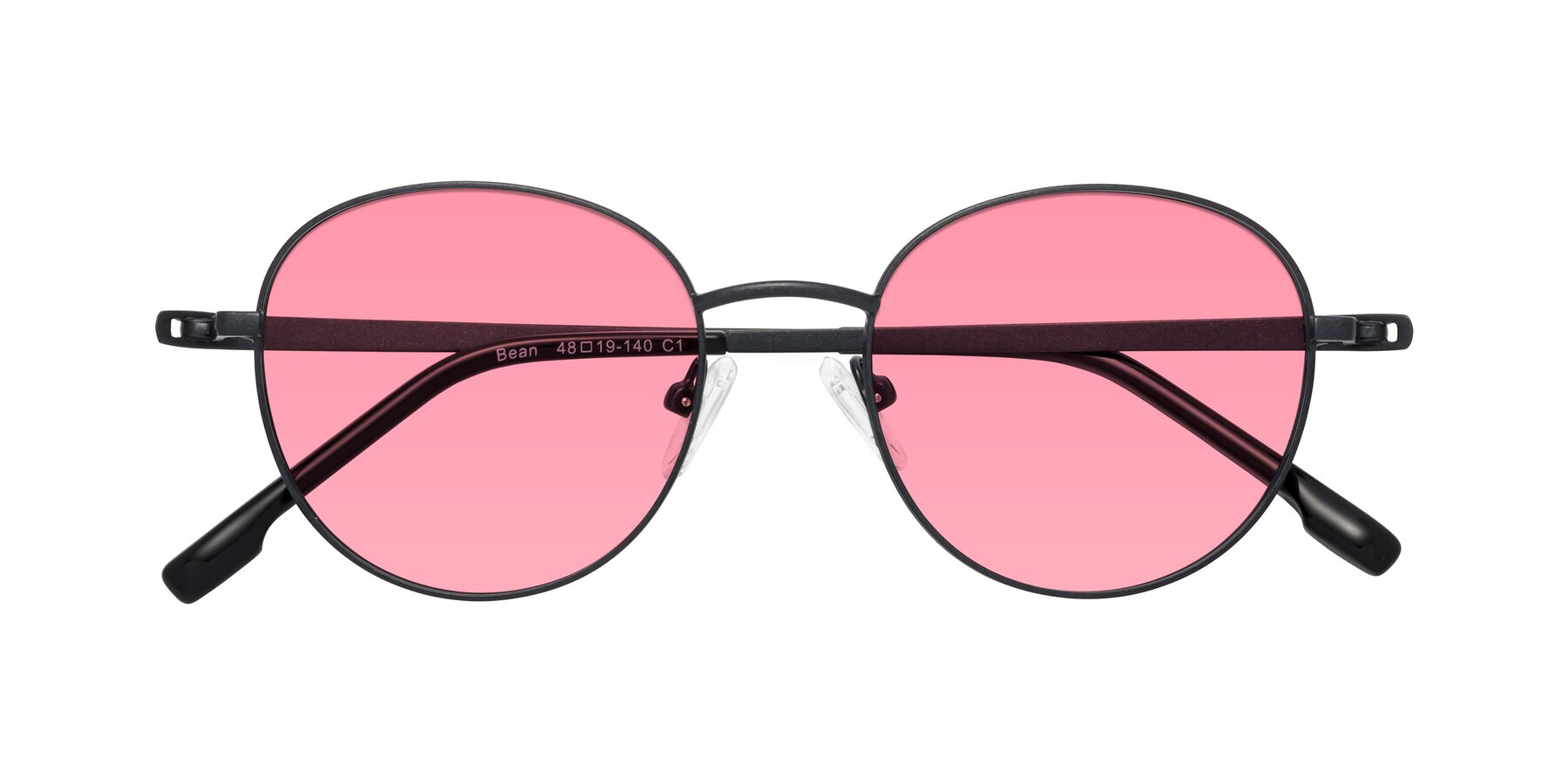 Folded Front of Bean in Matte Black with Pink Tinted Lenses