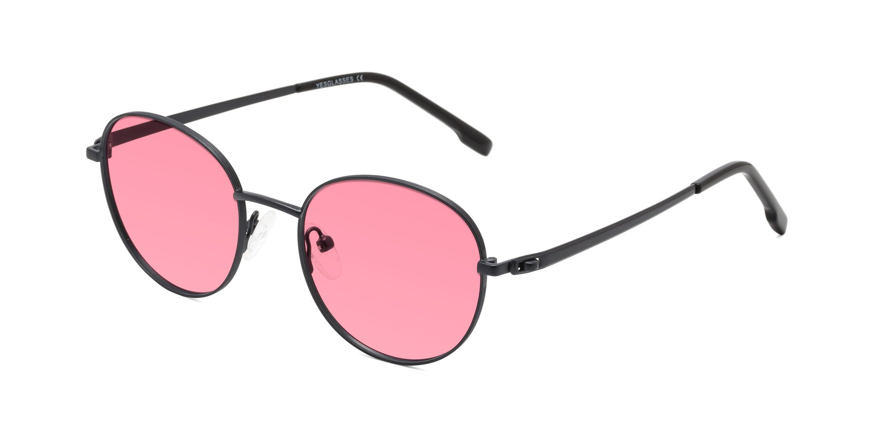 Angle of Bean in Matte Black with Pink Tinted Lenses