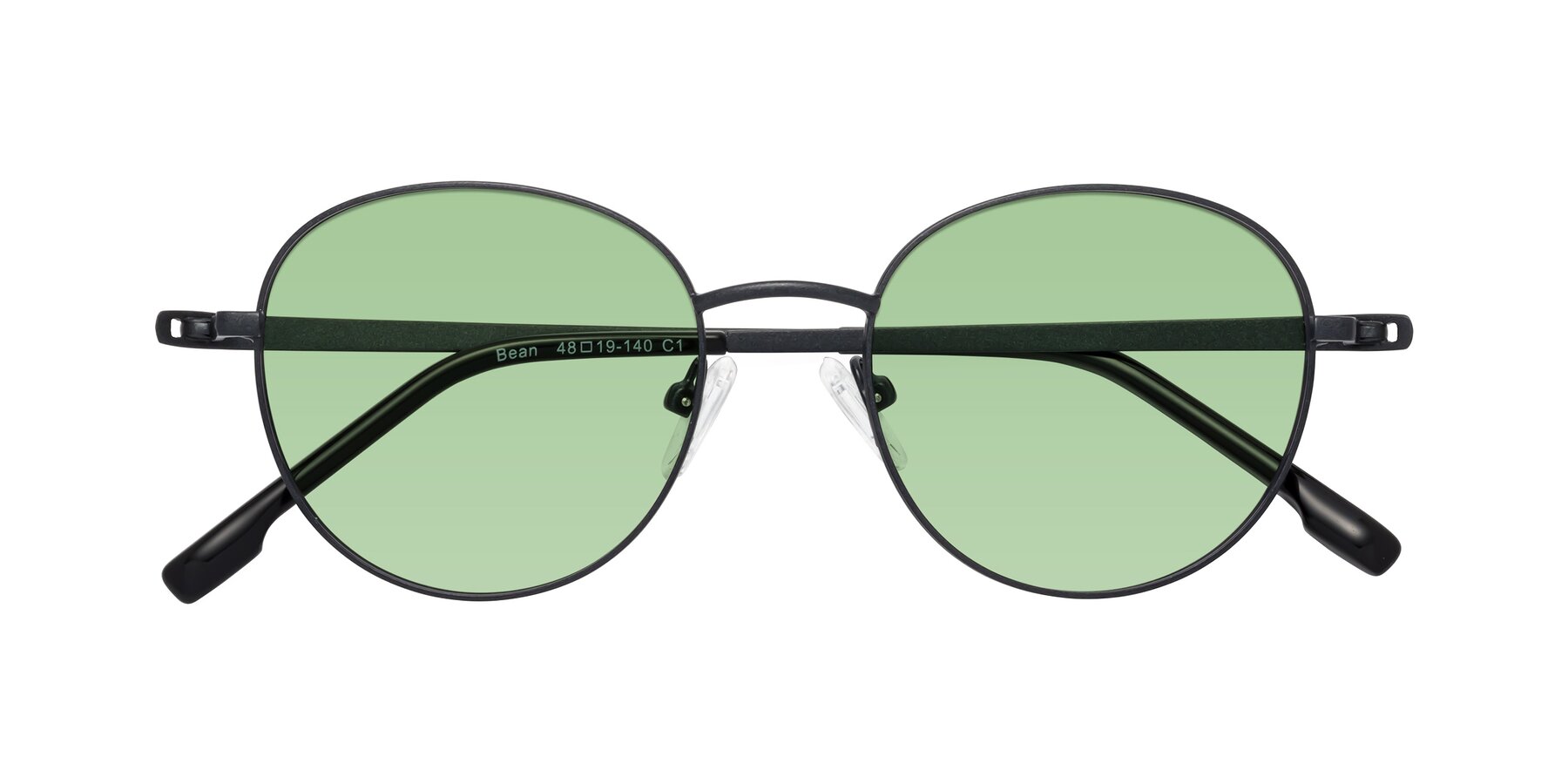 Folded Front of Bean in Matte Black with Medium Green Tinted Lenses