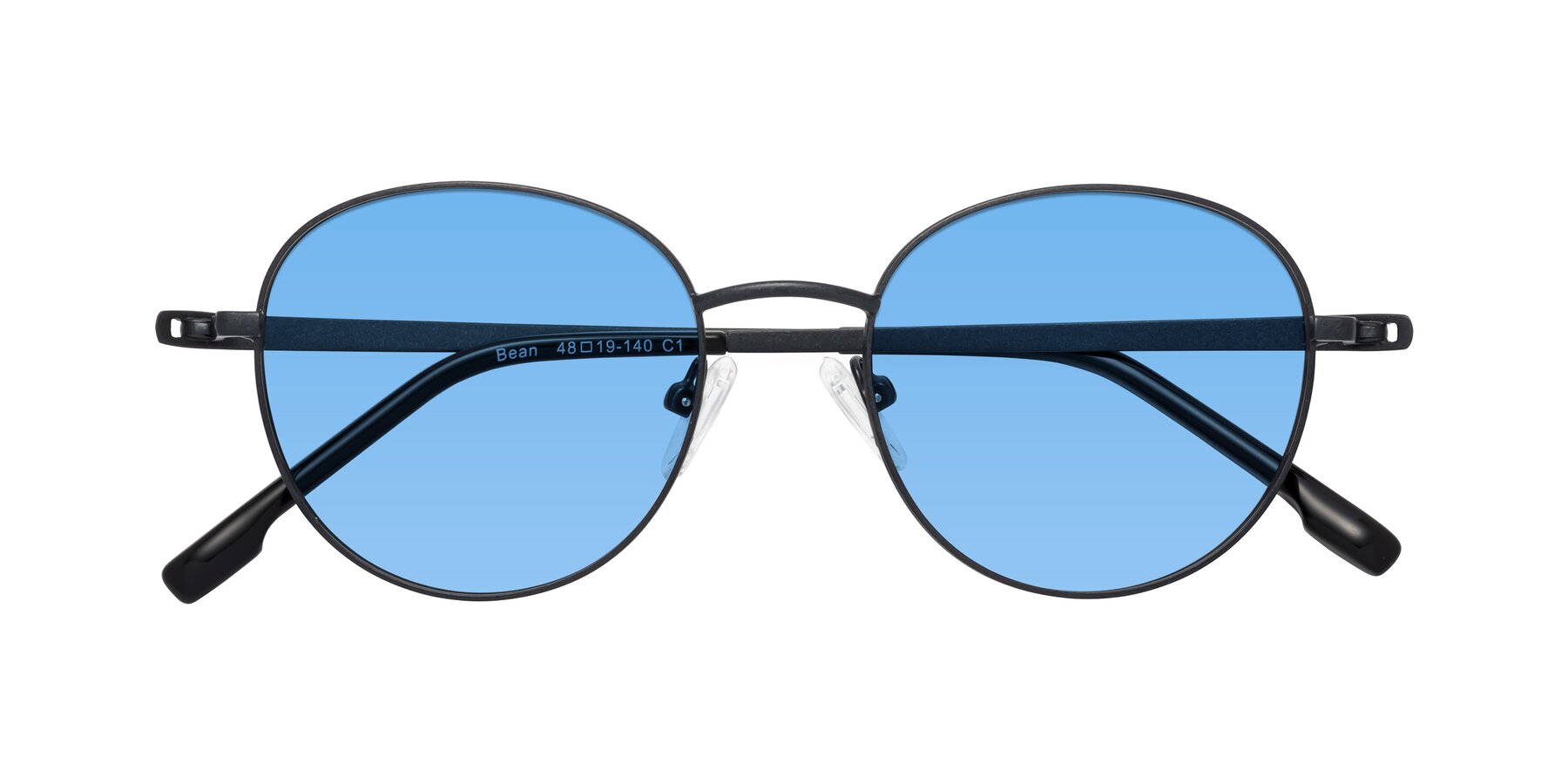 Folded Front of Bean in Matte Black with Medium Blue Tinted Lenses