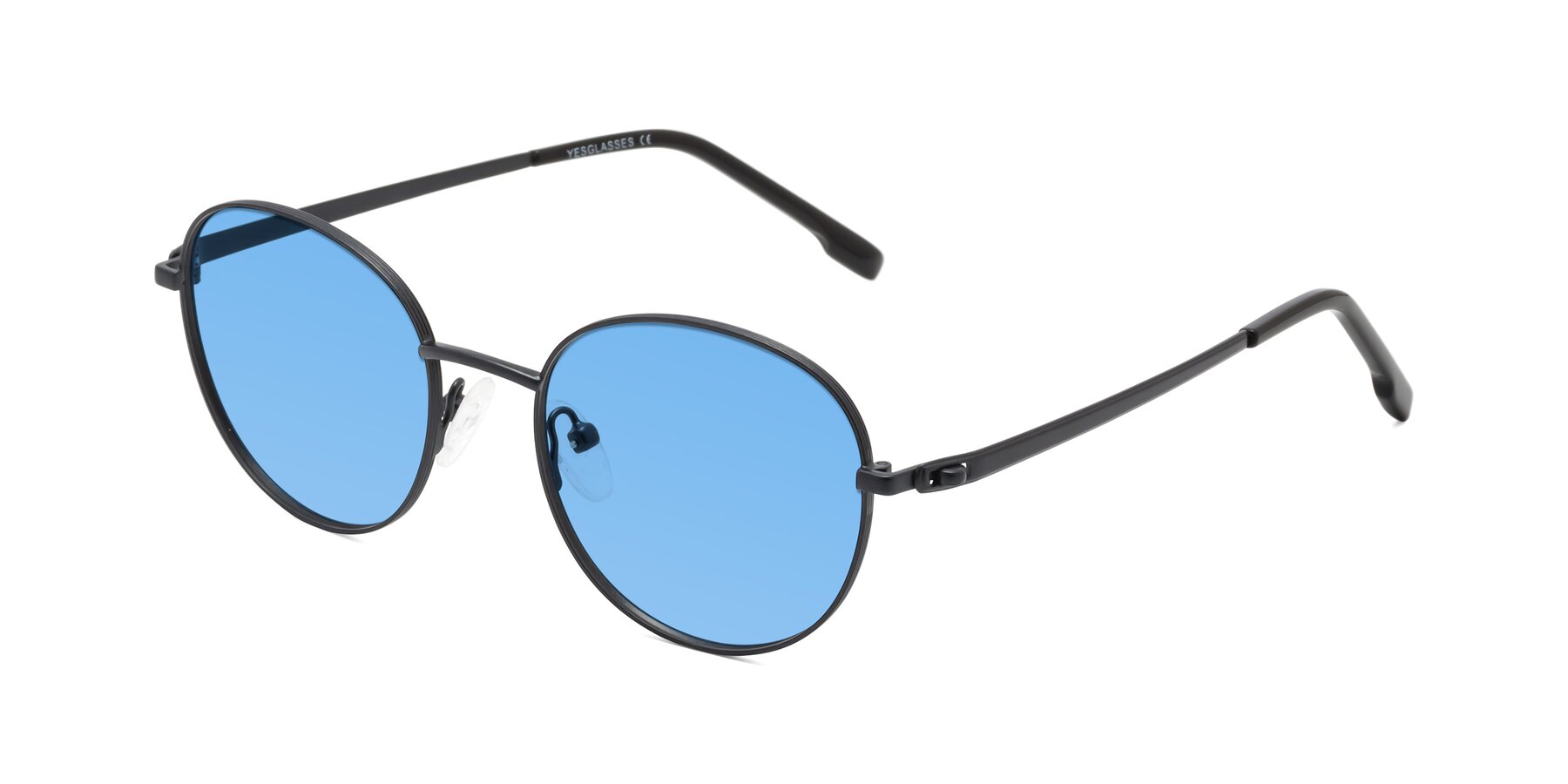 Angle of Bean in Matte Black with Medium Blue Tinted Lenses