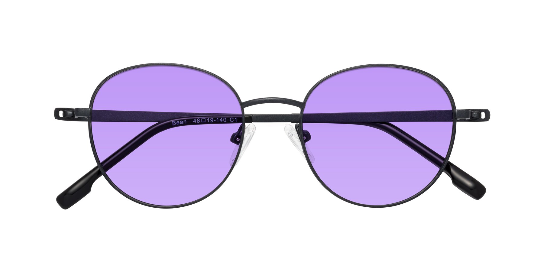 Folded Front of Bean in Matte Black with Medium Purple Tinted Lenses