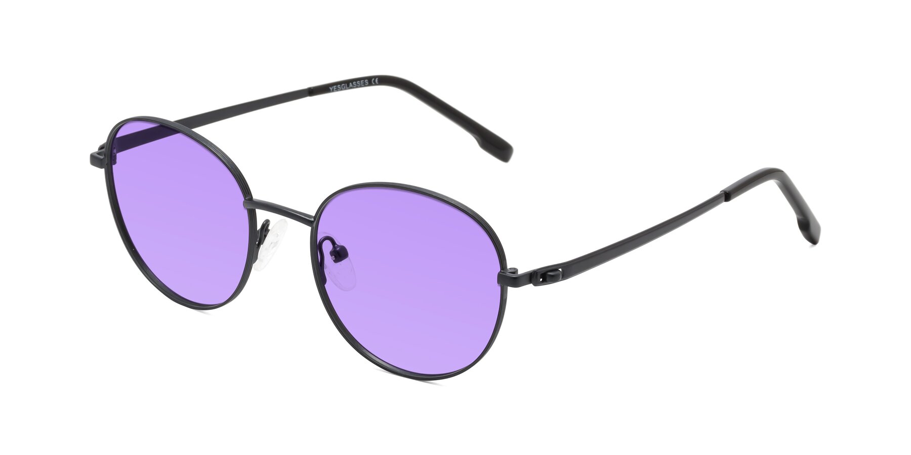 Angle of Bean in Matte Black with Medium Purple Tinted Lenses