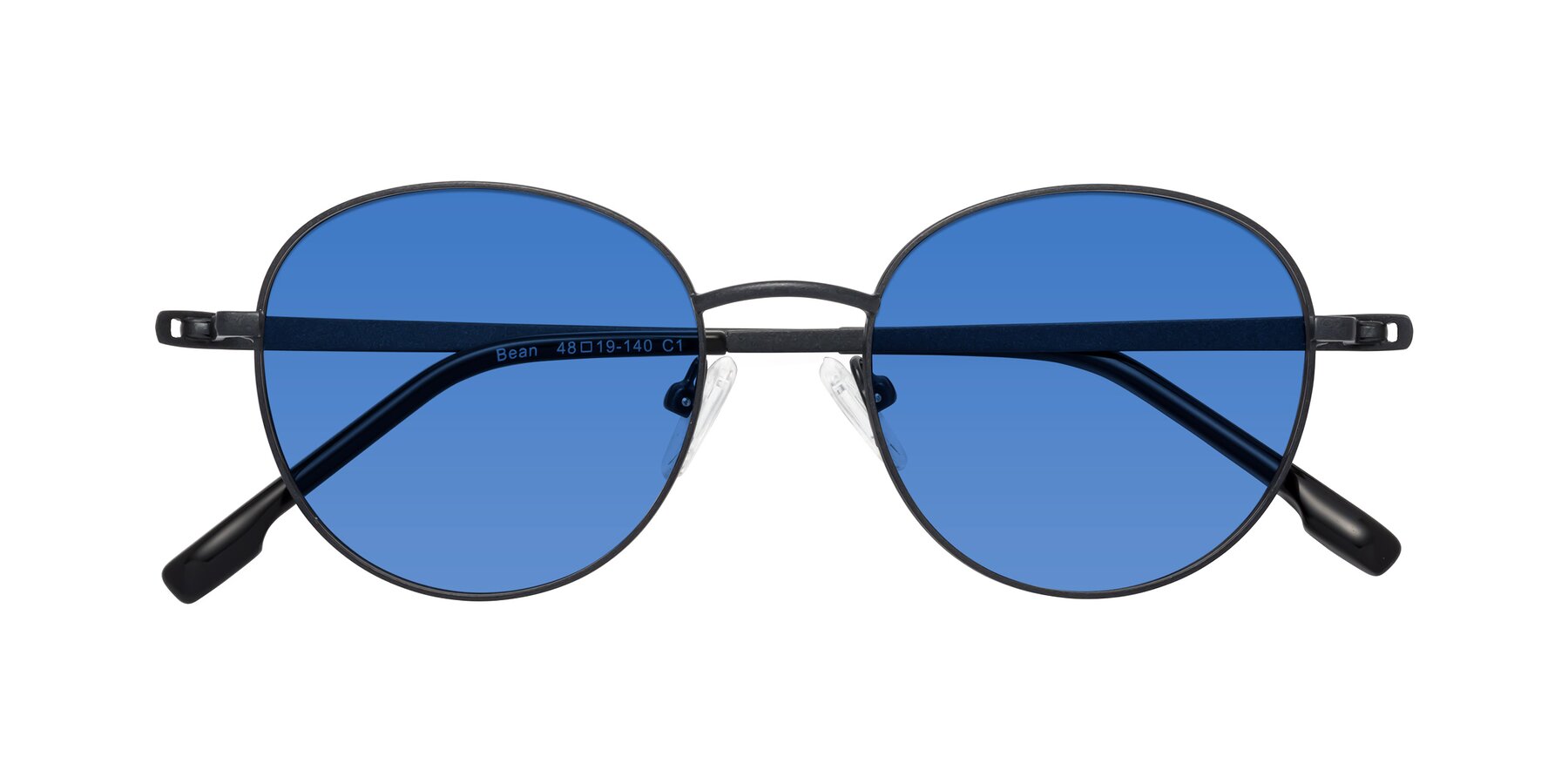 Folded Front of Bean in Matte Black with Blue Tinted Lenses