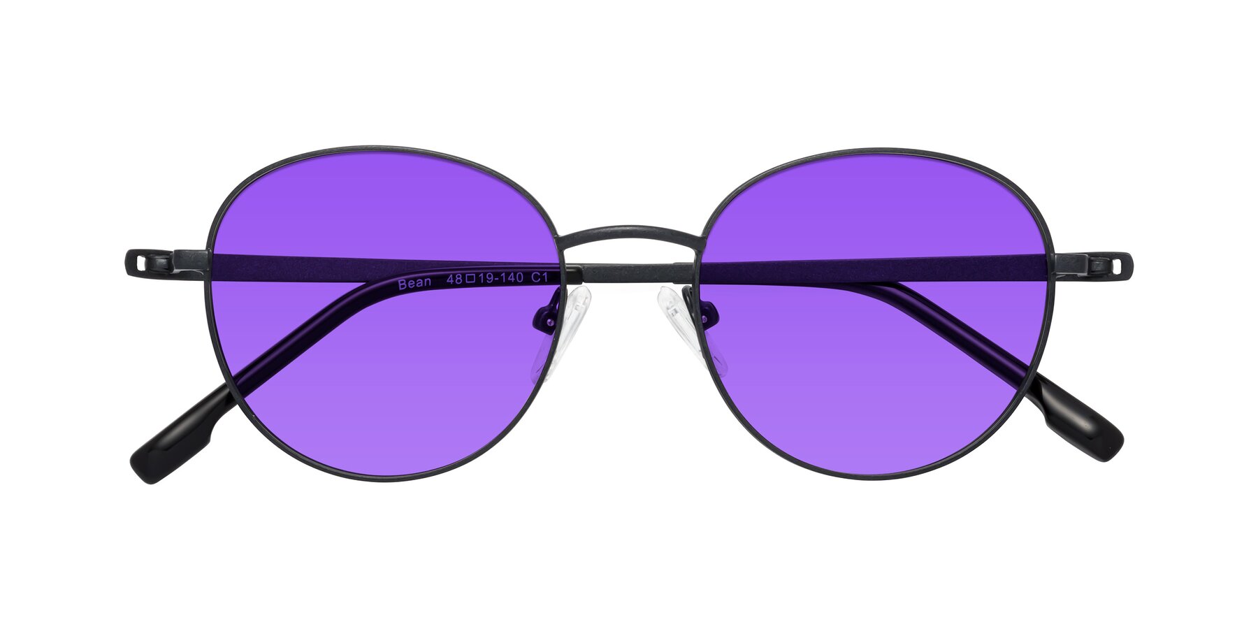 Folded Front of Bean in Matte Black with Purple Tinted Lenses