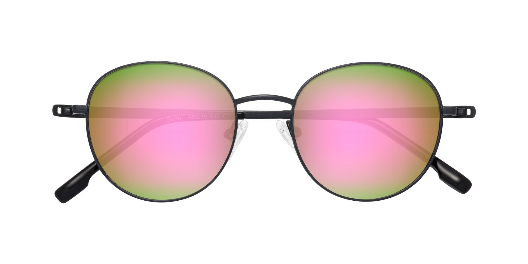 Folded Front of Bean in Matte Black with Pink Mirrored Lenses