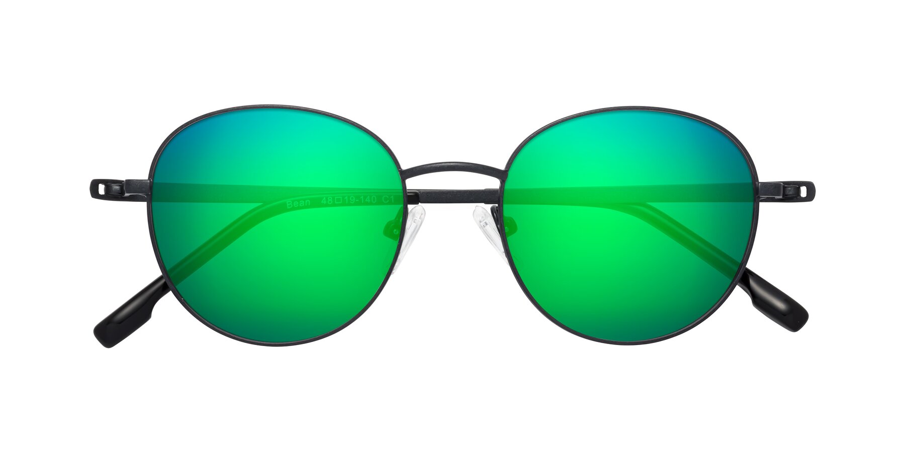 Folded Front of Bean in Matte Black with Green Mirrored Lenses