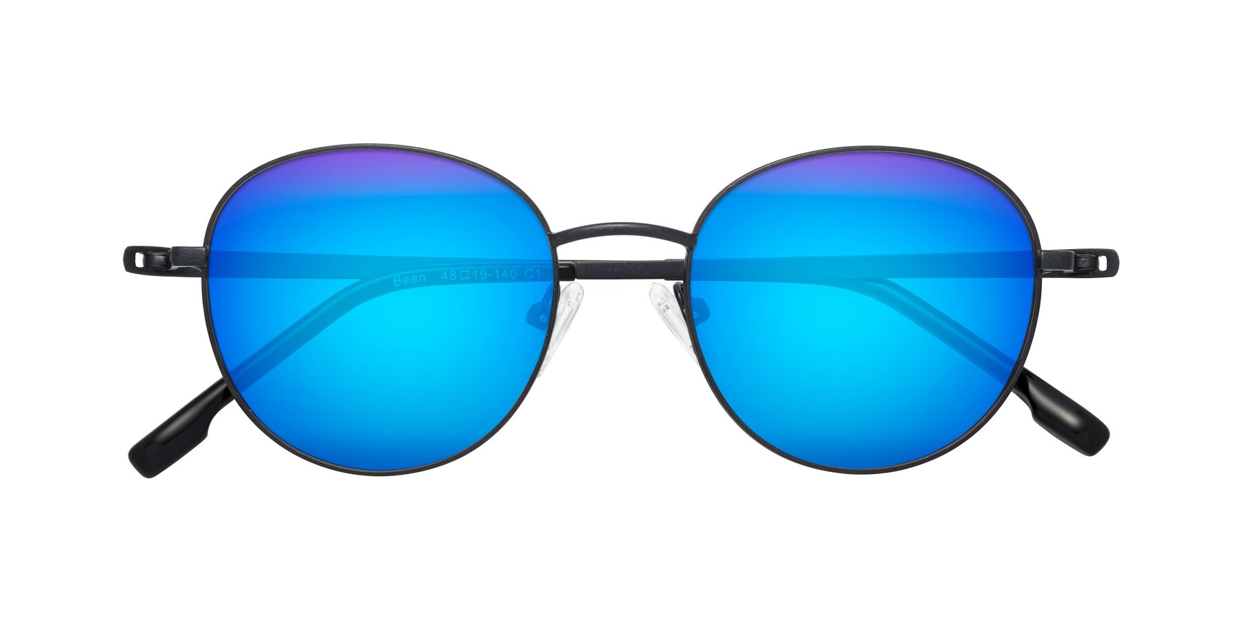 Folded Front of Bean in Matte Black with Blue Mirrored Lenses