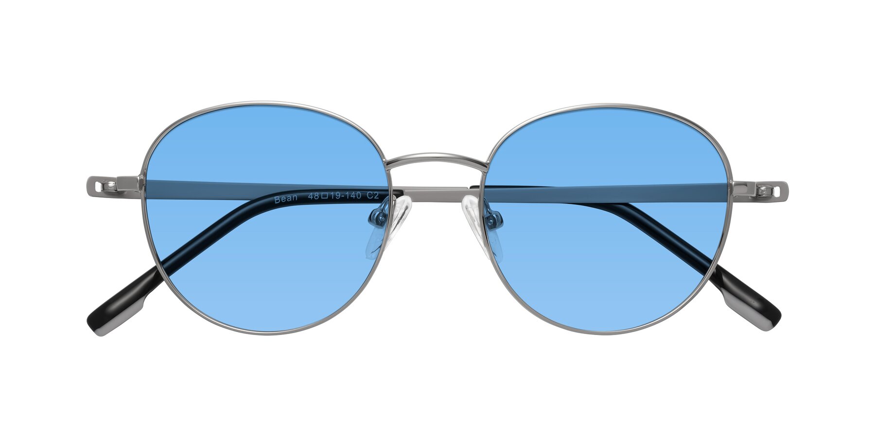 Folded Front of Bean in Silver with Medium Blue Tinted Lenses