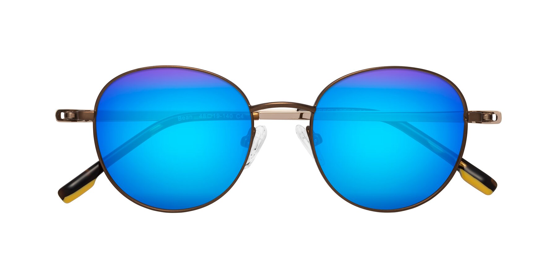 Folded Front of Bean in Brown with Blue Mirrored Lenses