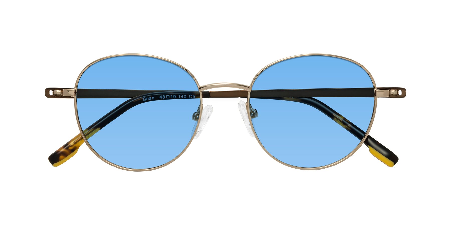 Folded Front of Bean in Gold with Medium Blue Tinted Lenses