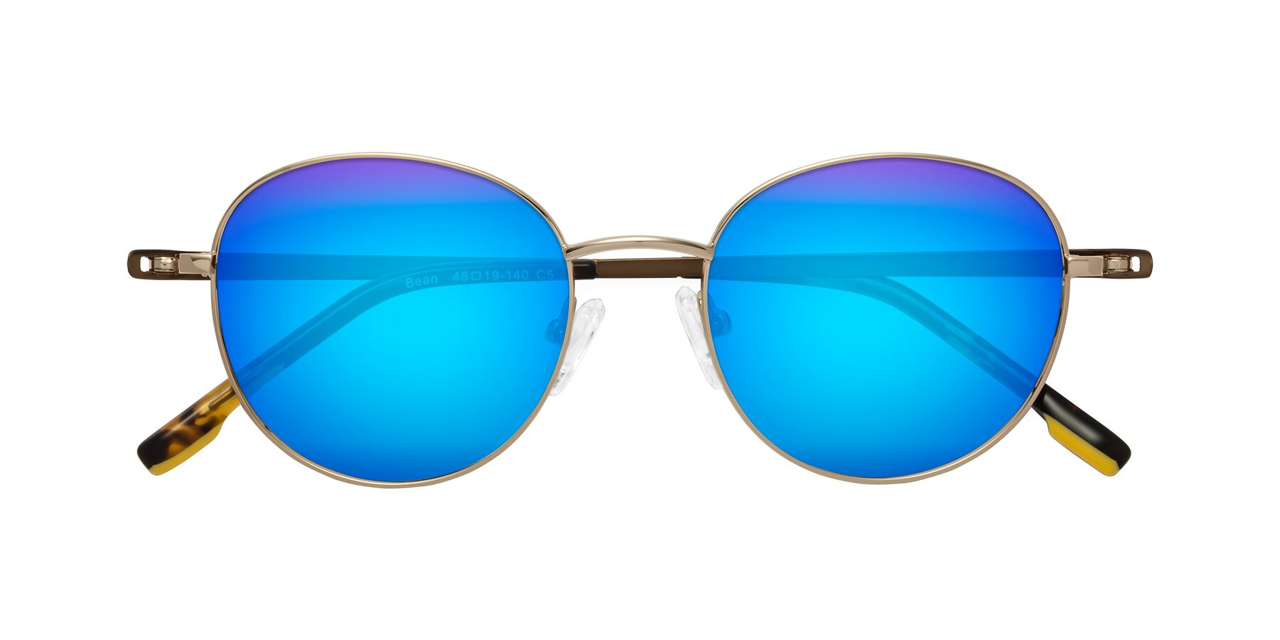 Folded Front of Bean in Gold with Blue Mirrored Lenses