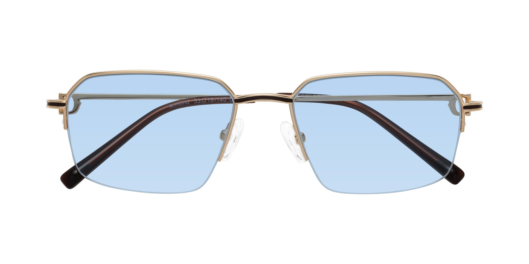 Folded Front of Almond in Gold with Light Blue Tinted Lenses