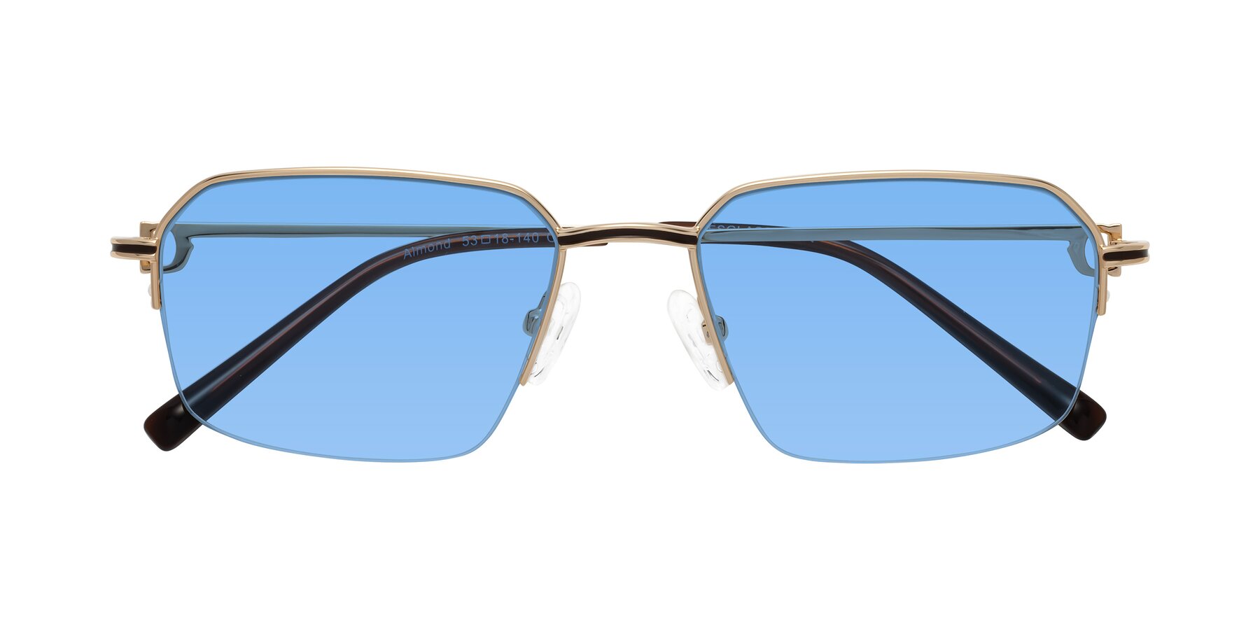 Folded Front of Almond in Gold with Medium Blue Tinted Lenses