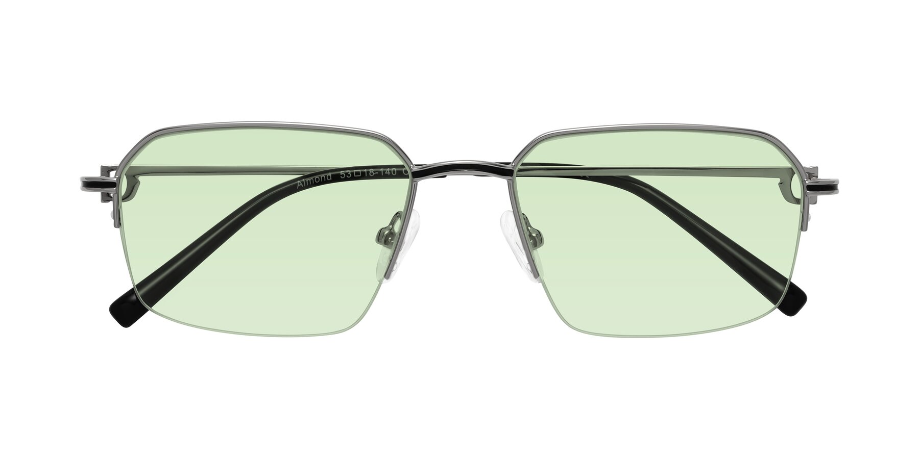 Folded Front of Almond in Silver with Light Green Tinted Lenses