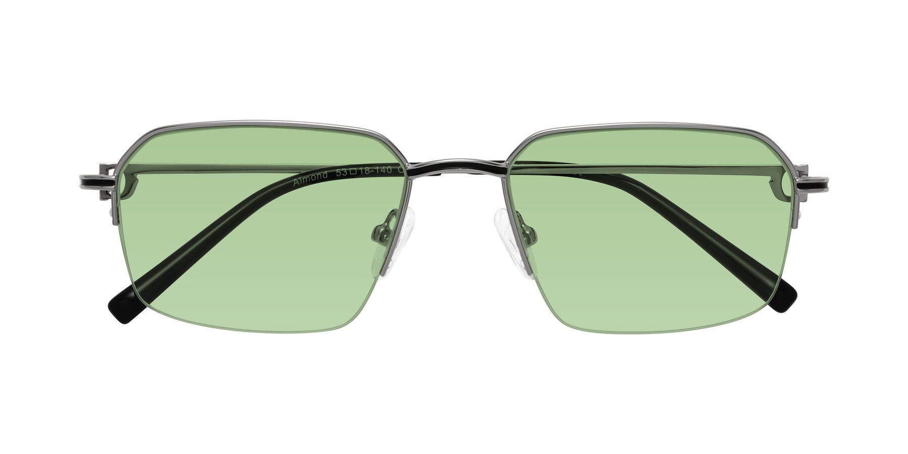 Folded Front of Almond in Silver with Medium Green Tinted Lenses