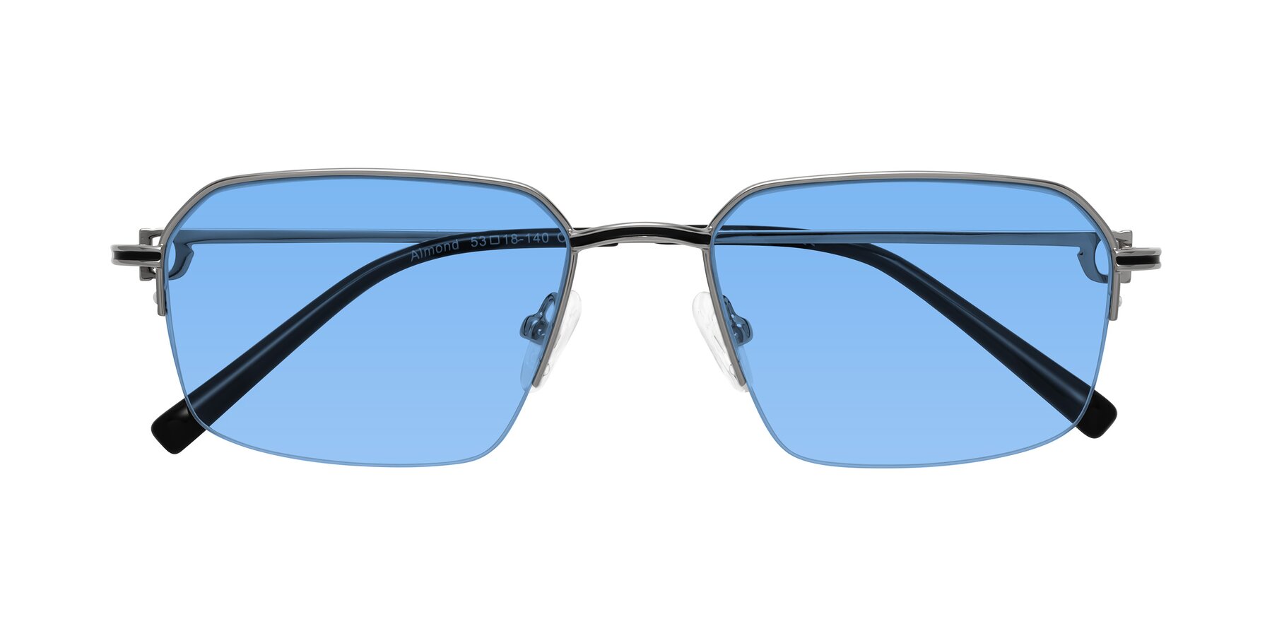 Folded Front of Almond in Silver with Medium Blue Tinted Lenses