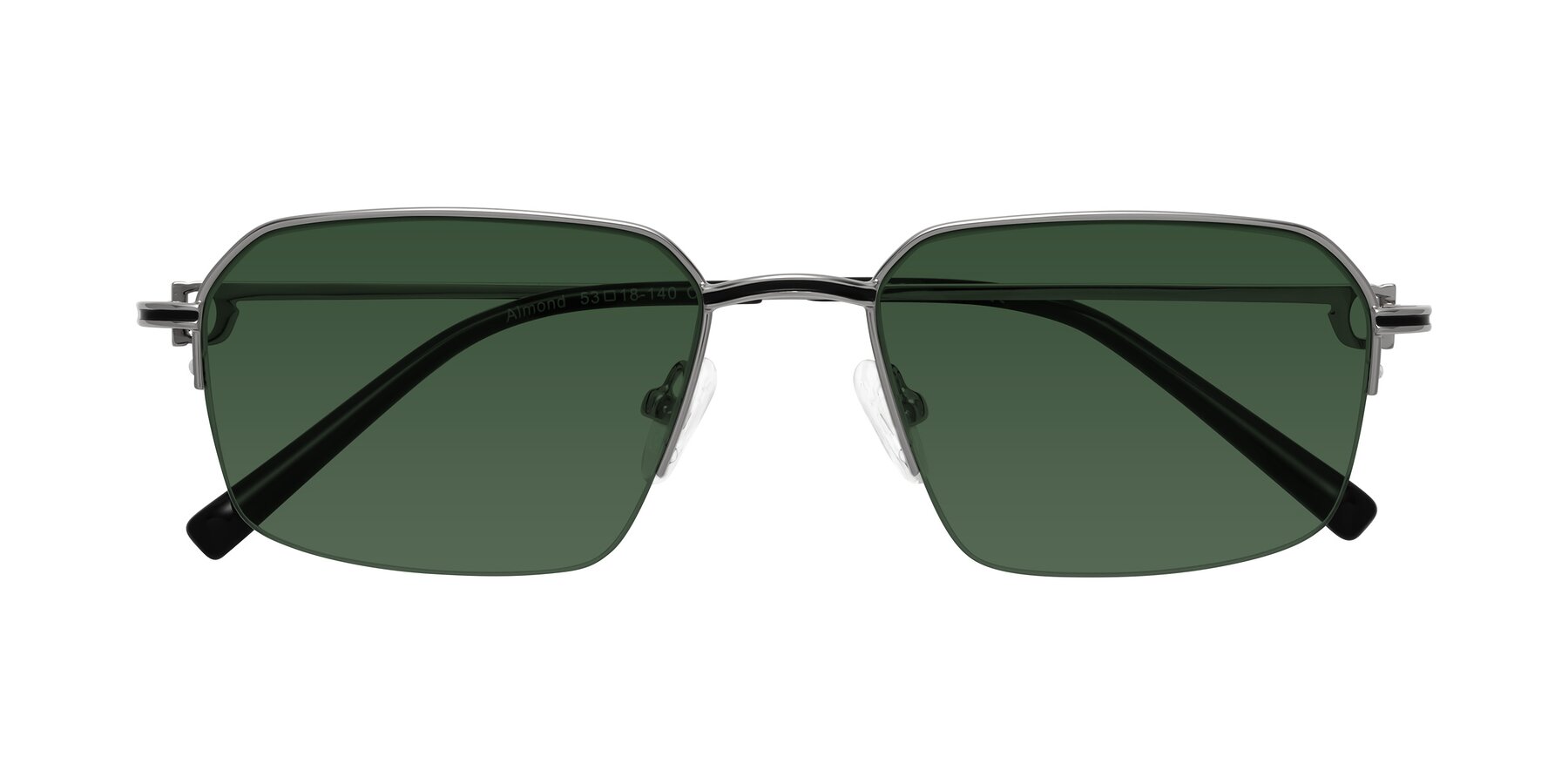 Folded Front of Almond in Silver with Green Tinted Lenses