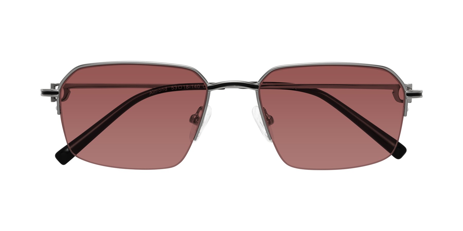 Folded Front of Almond in Silver with Garnet Tinted Lenses