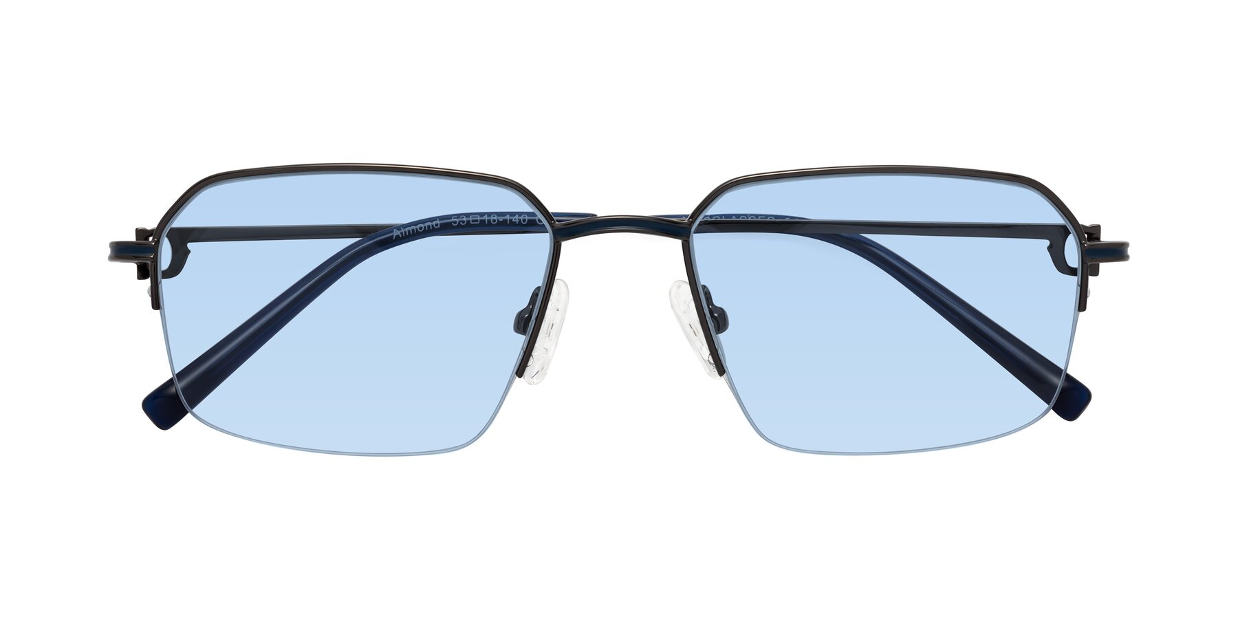 Folded Front of Almond in Gunmetal with Light Blue Tinted Lenses