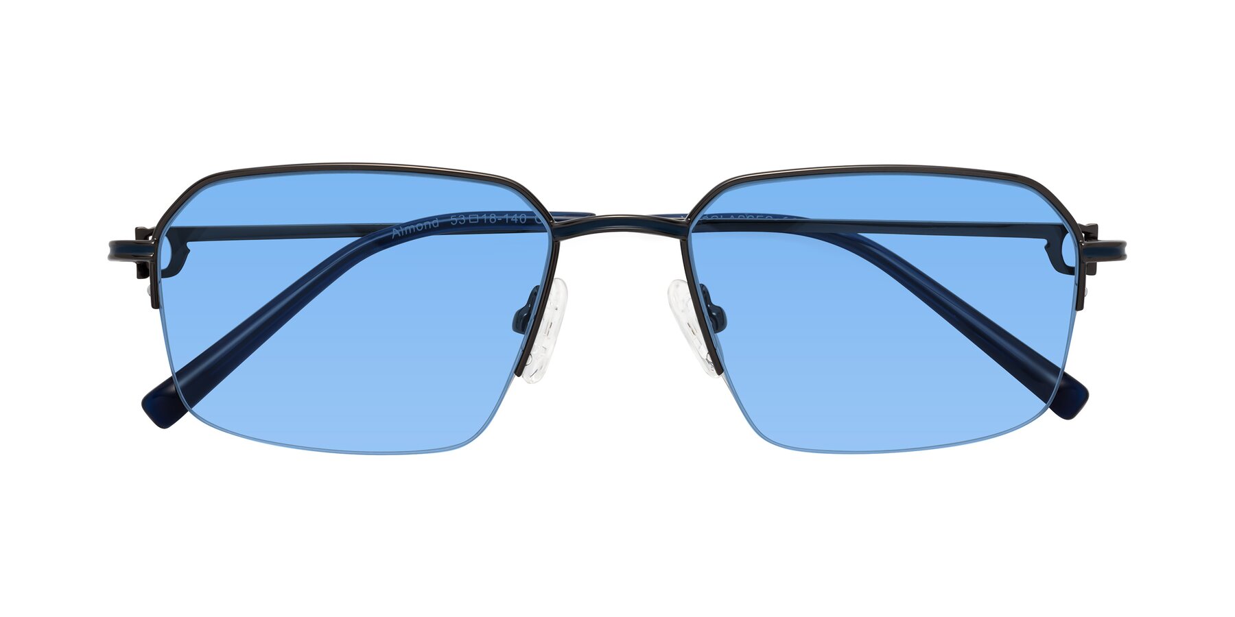 Folded Front of Almond in Gunmetal with Medium Blue Tinted Lenses