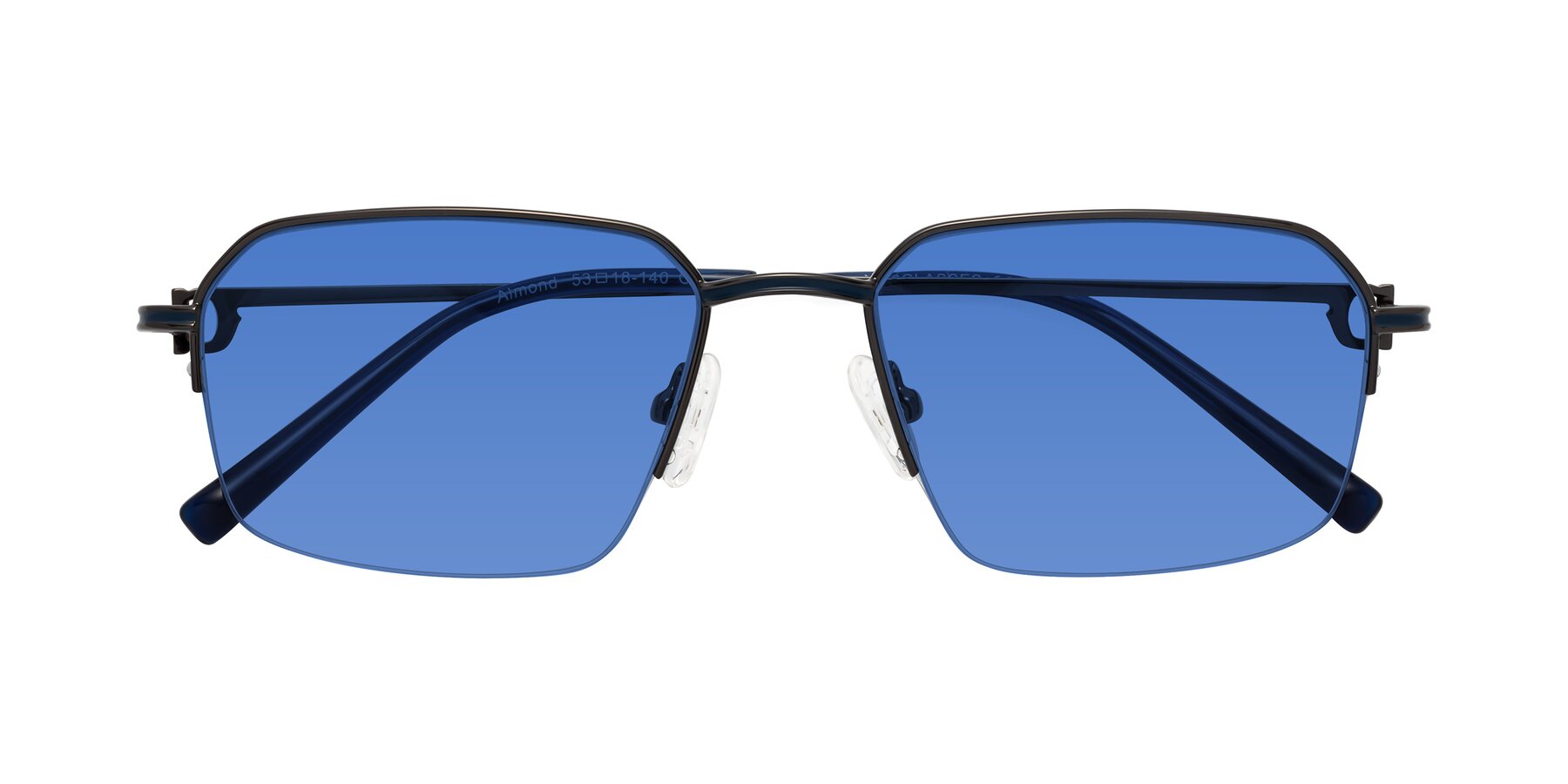 Folded Front of Almond in Gunmetal with Blue Tinted Lenses